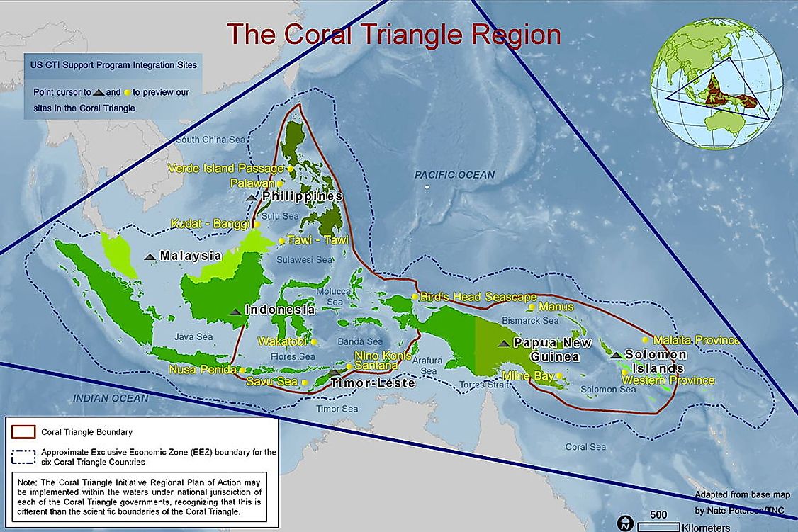 A map exhibiting the boundaries of the Coral Triangle.