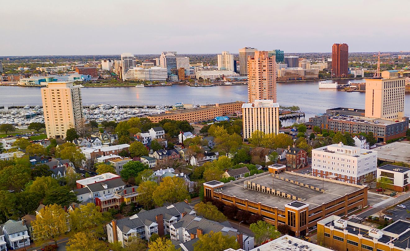 The Elizabeth River cuts through the Virginia towns of Portsmouth and Norfolk. 