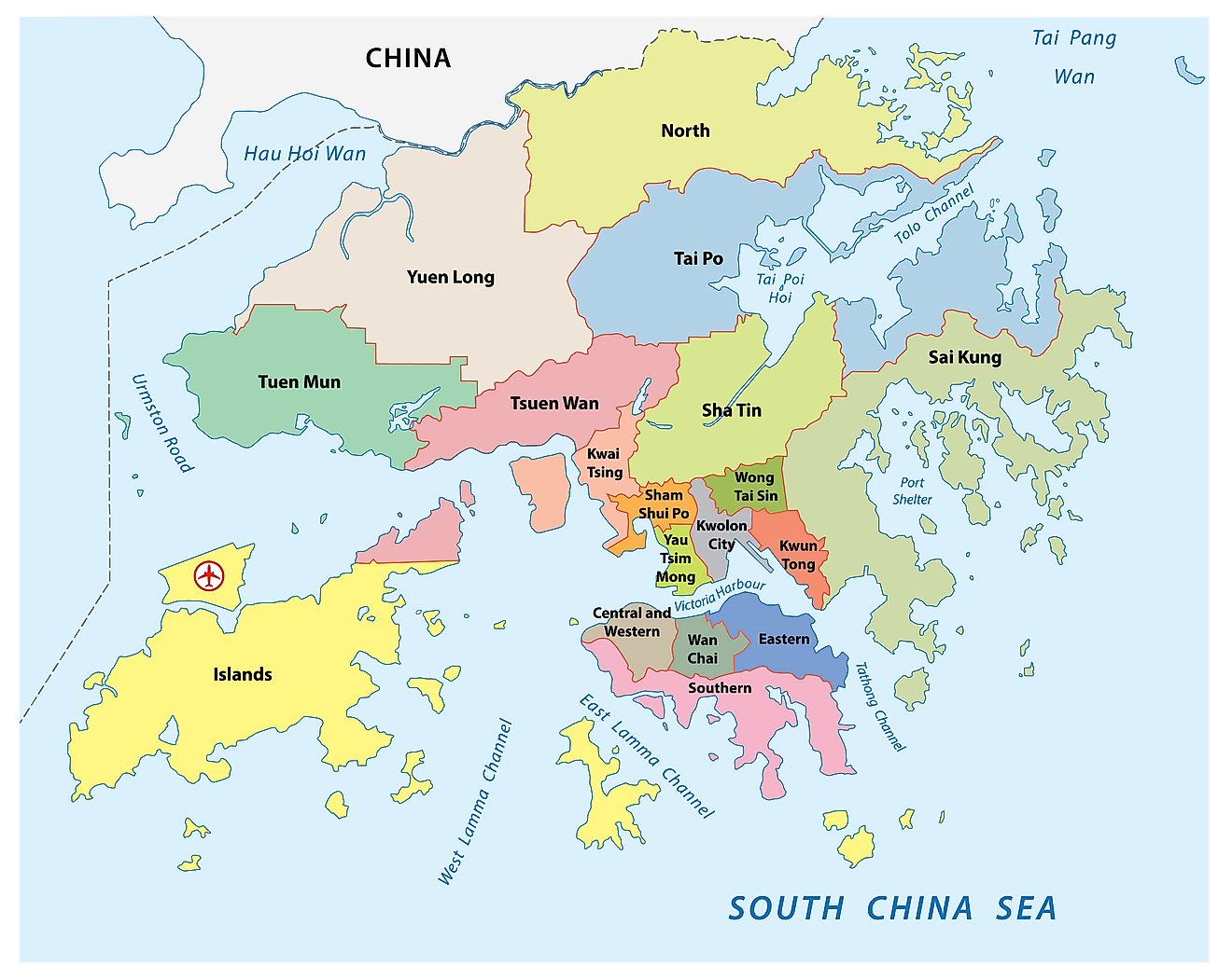 Mapa político de Hong Kong que muestra 18 distritos.