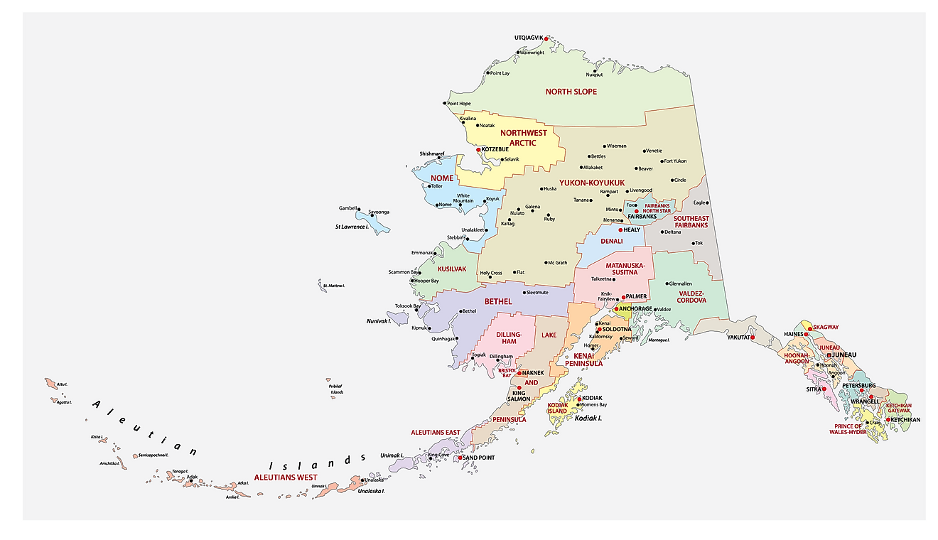 Administrative Map of Alaska showing its 29 counties and the capital city - Juneau