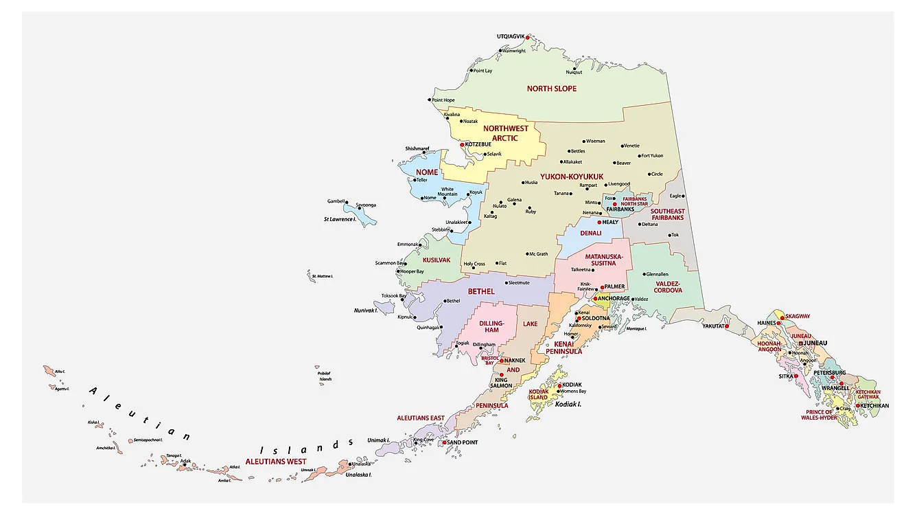 Administrative Map of Alaska showing its 29 counties and the capital city - Juneau