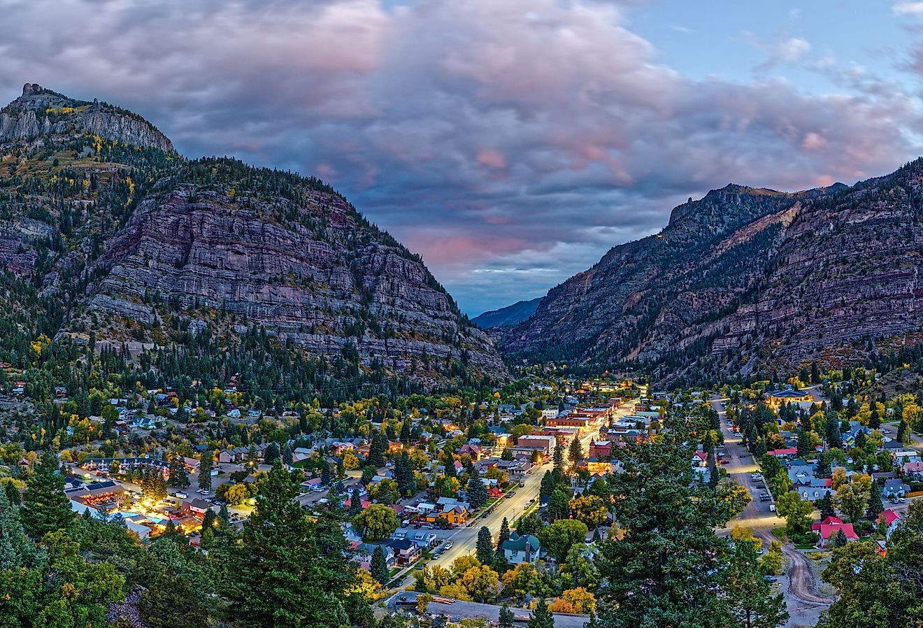 Twilight Panorama of Ouray, the Switzerland of America, San Juan Mountains, Colorado.