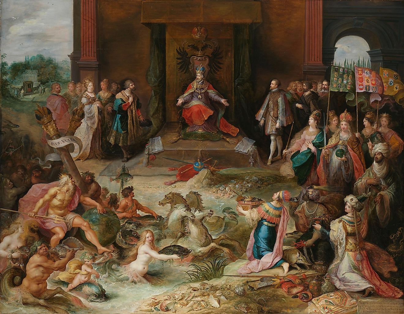 Frans Francken the Younger's depiction of Charles V in the allegorical act of dividing the entire world between Philip II of Spain and Emperor Ferdinand I.