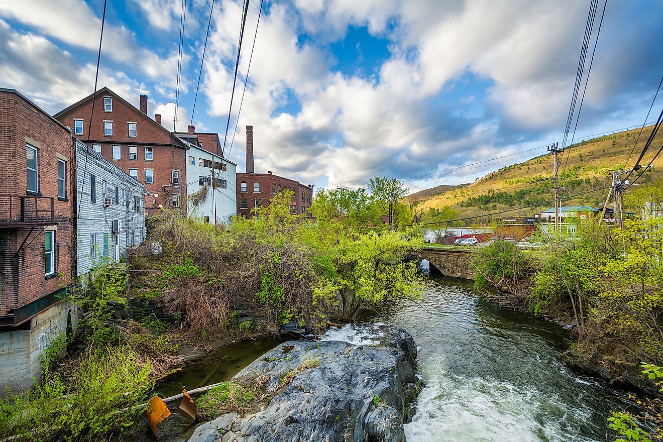 Cascades and old buildings along Whetstone Brook, in Brattleboro, Vermont.
