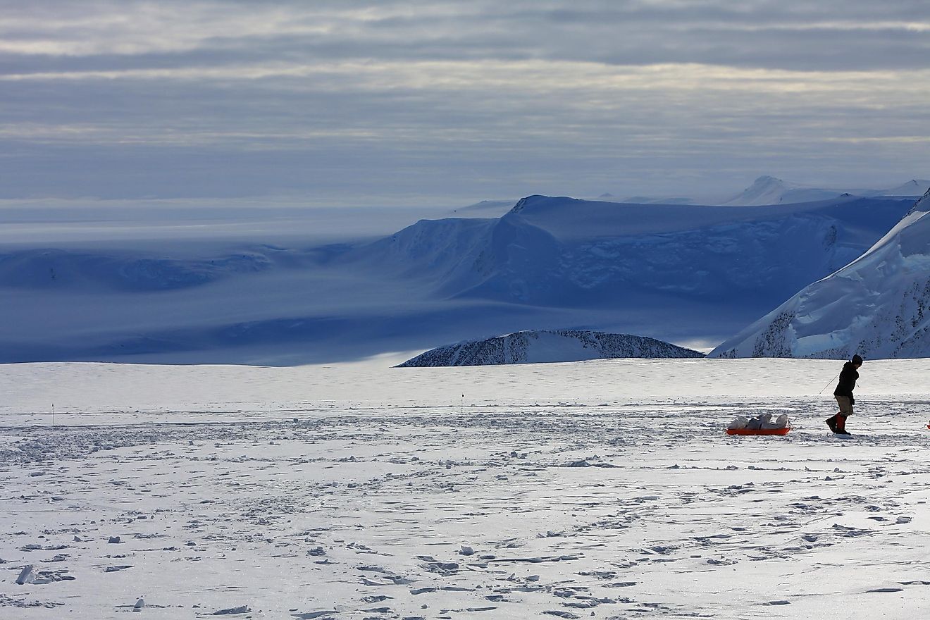 Climber pulling a sled during an Antarctica expedition on Mount Vinson, Sentinel Range, Ellsworth Mountains.