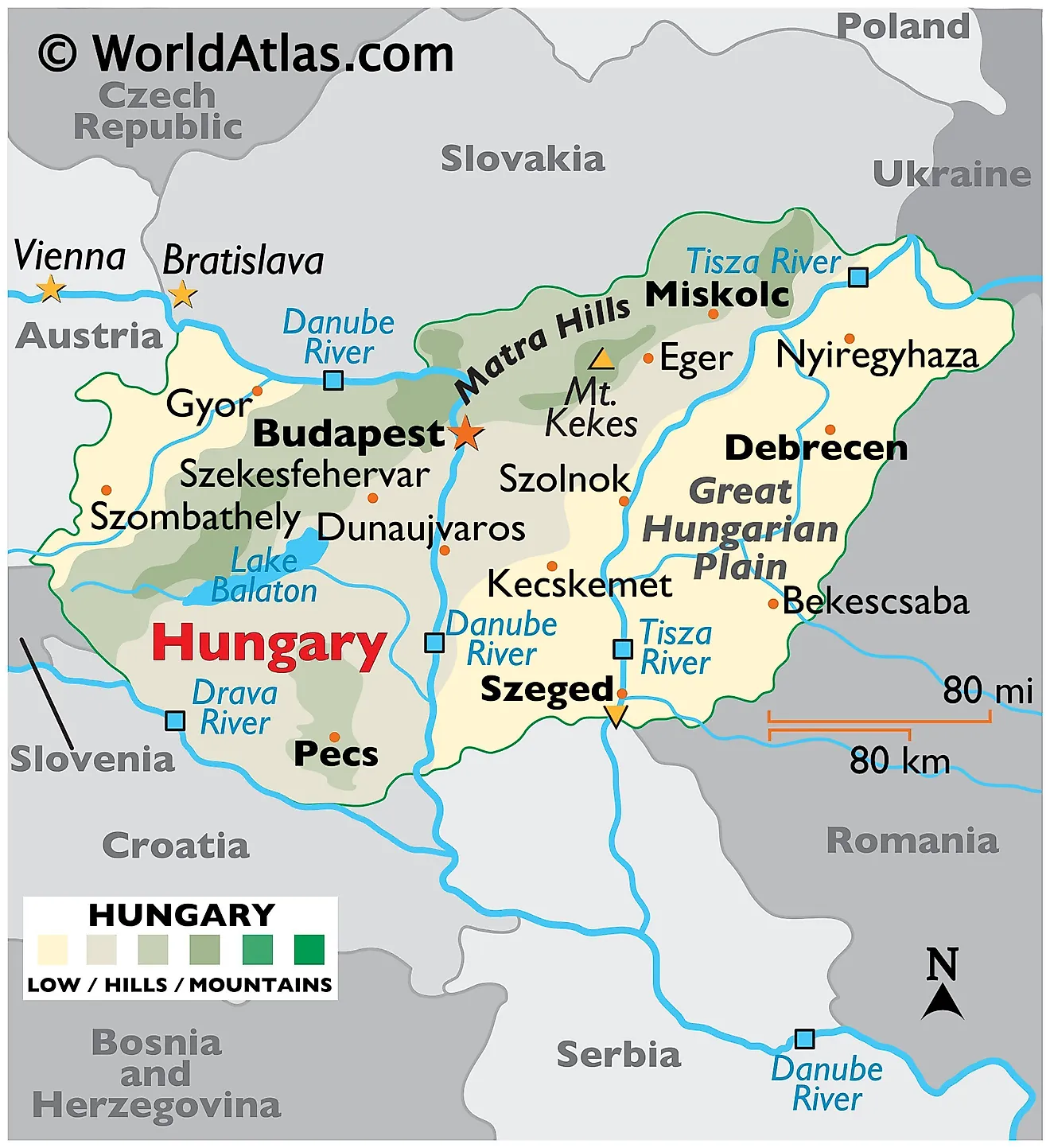 Mapa físico de Hungría que muestra el terreno, las montañas, los puntos extremos, los principales ríos, el lago Balatón, las ciudades importantes, las fronteras internacionales, etc.