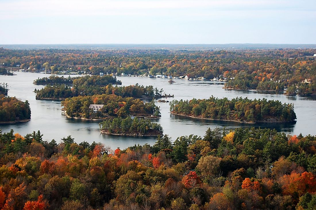 The Saint Lawrence River at Thousand Islands between New York, US and Ontario, Canada.
