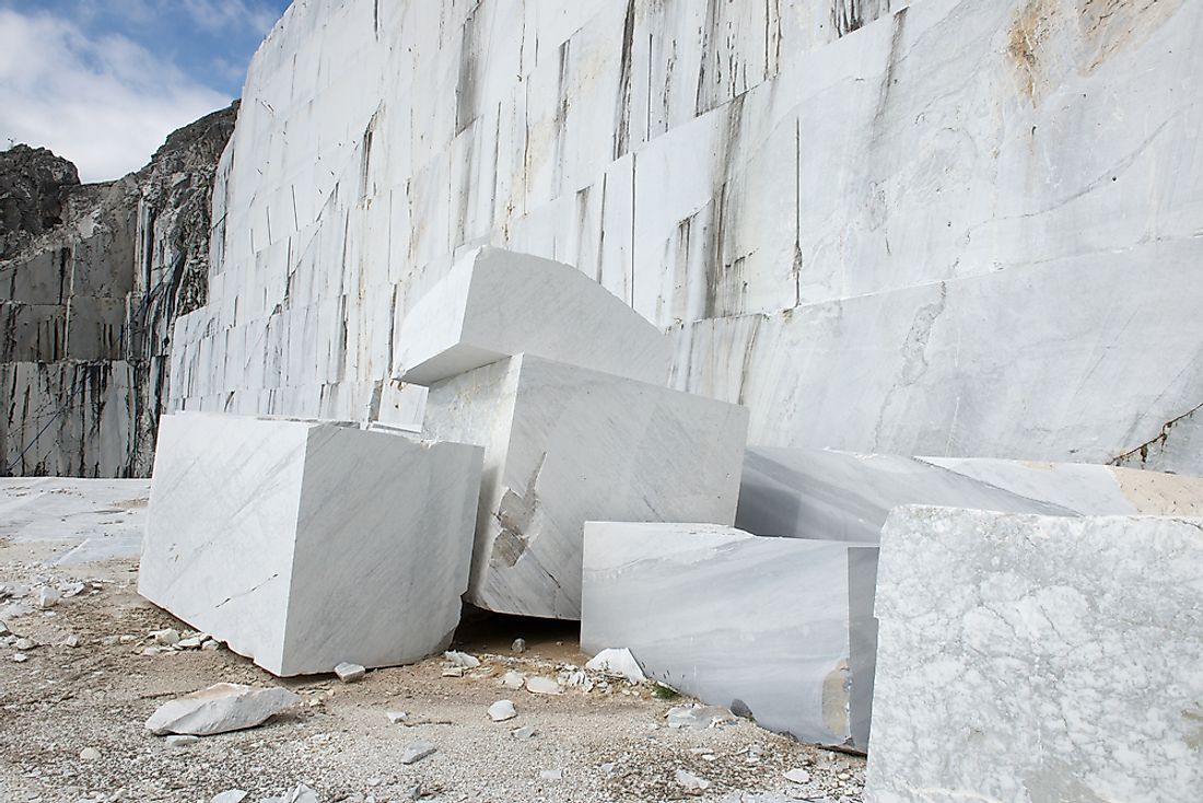 Slabs of Carrara marble in a marble quarry in Carrara, Italy.