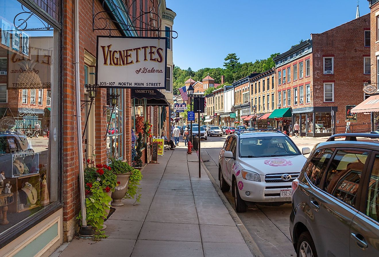 Quaint shops and historic brick buildings line the Main Street of Galena, Illinois. Image credit Wirestock Creators via Shutterstock