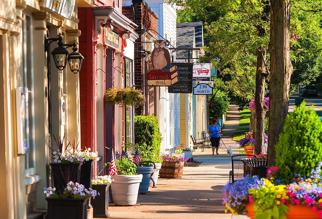 Quaint shops and businesses dating back more than a century line Hudson Ohio's Main Street looking north. Image credit Kenneth Sponsler via Shutterstock