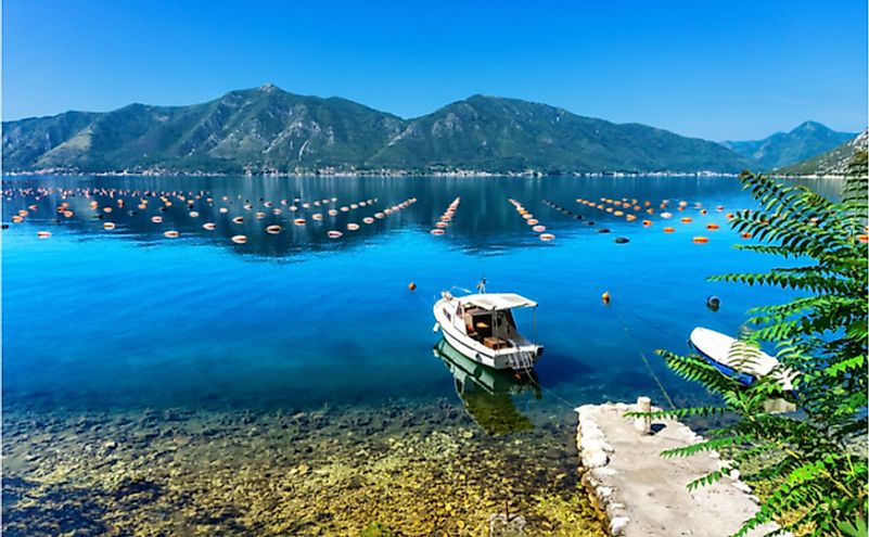 Landscape of mussel farm with boat close to Bay Kotor in Montenegro.
