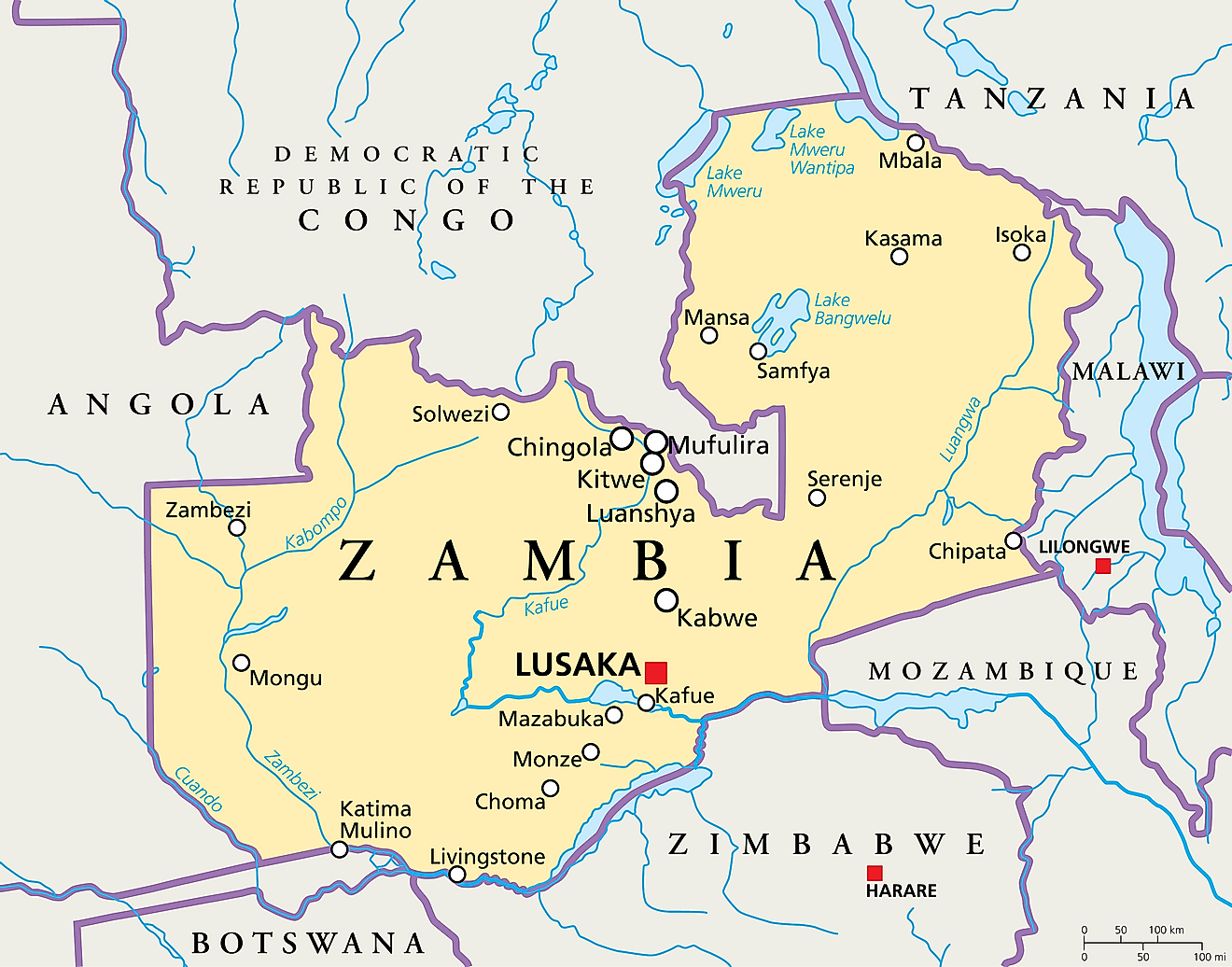 Map of Zambia with bordering countries.
