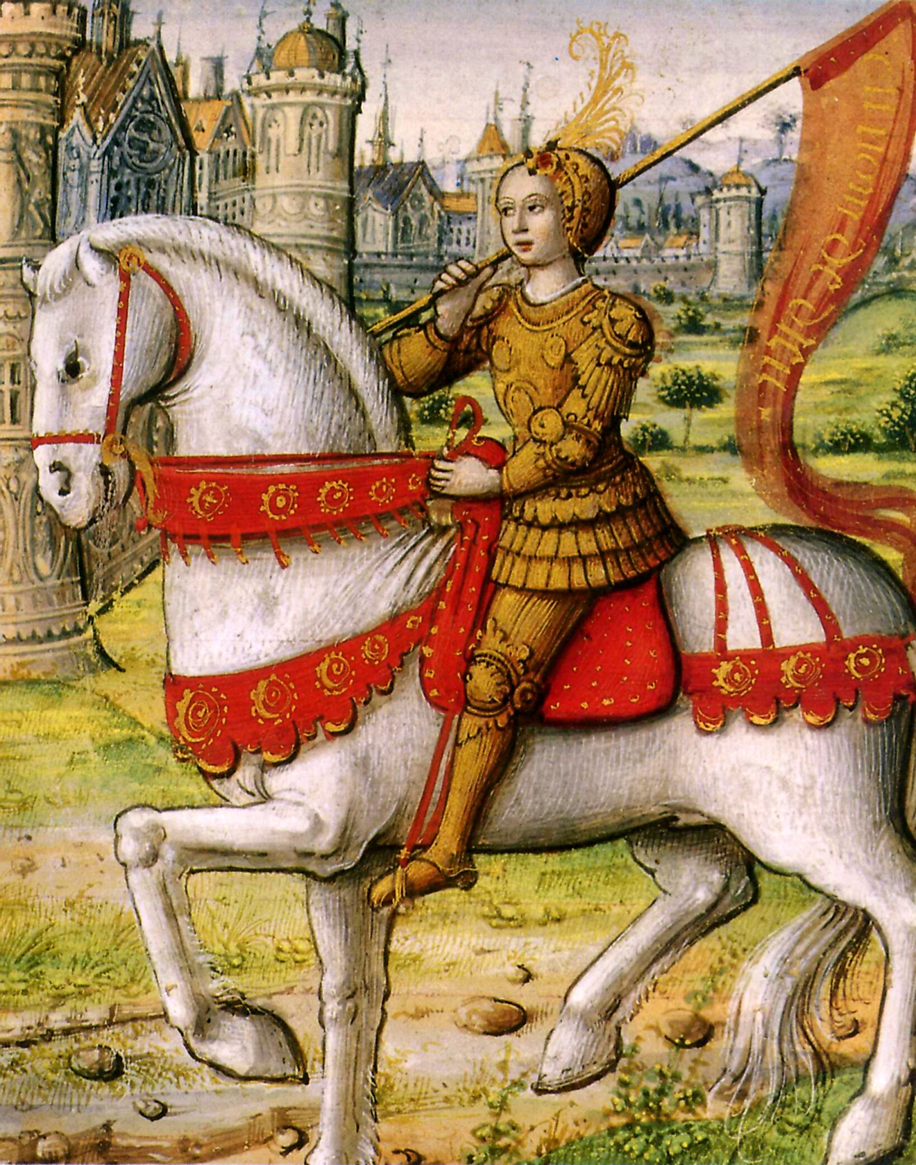 Joan of Arc depicted on horseback in an illustration from a 1504 manuscript. Image credit: Musée Dobrée / Public domain
