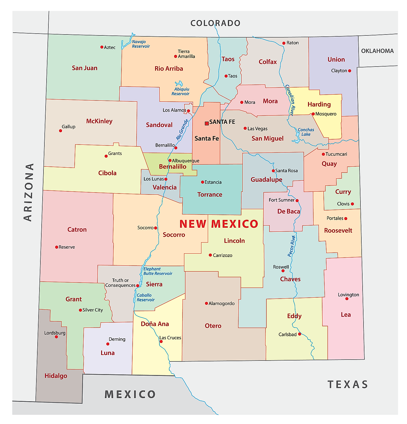 Mapa Administrativo de Nuevo México mostrando sus 33 condados y la ciudad capital - Santa Fe