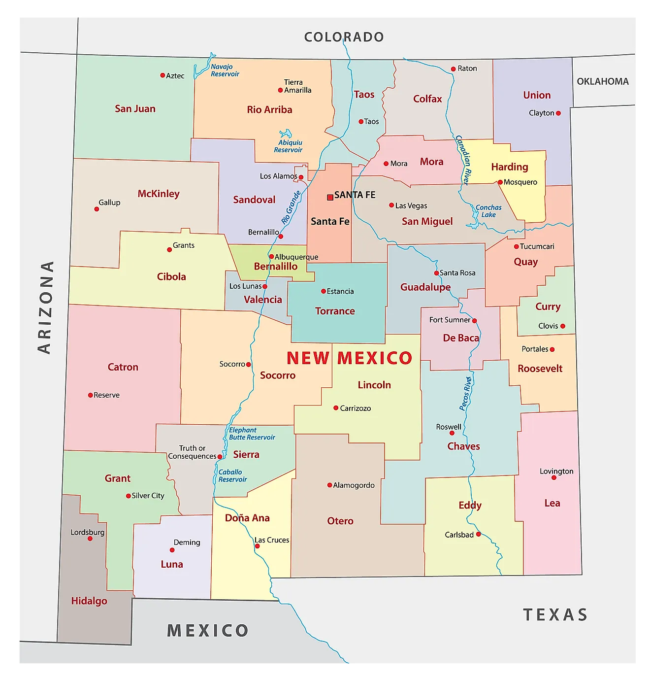 Administrative Map of New Mexico showing its 33 counties and the capital city - Santa Fe