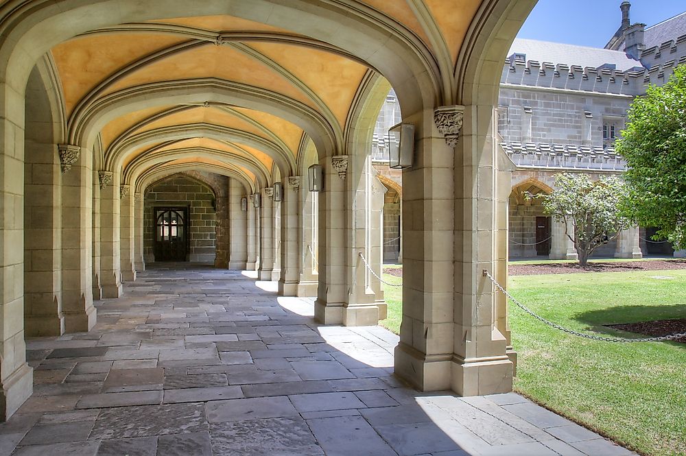 Ornate arches of a university in Melbourne.