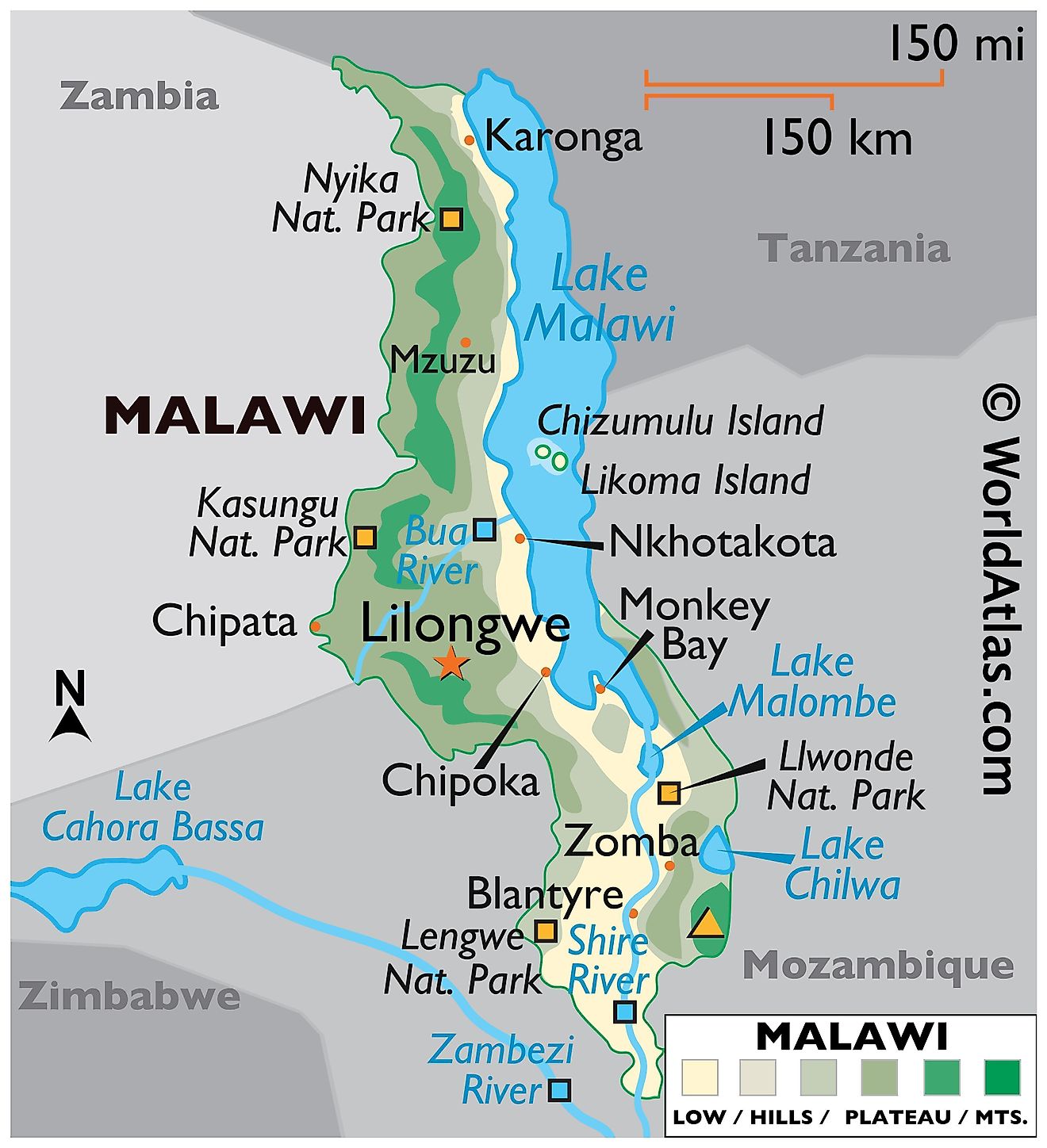 Mapa físico de Malawi que muestra los límites estatales, el relieve, el punto más alto, las ciudades importantes, el lago Malawi y los principales ríos.