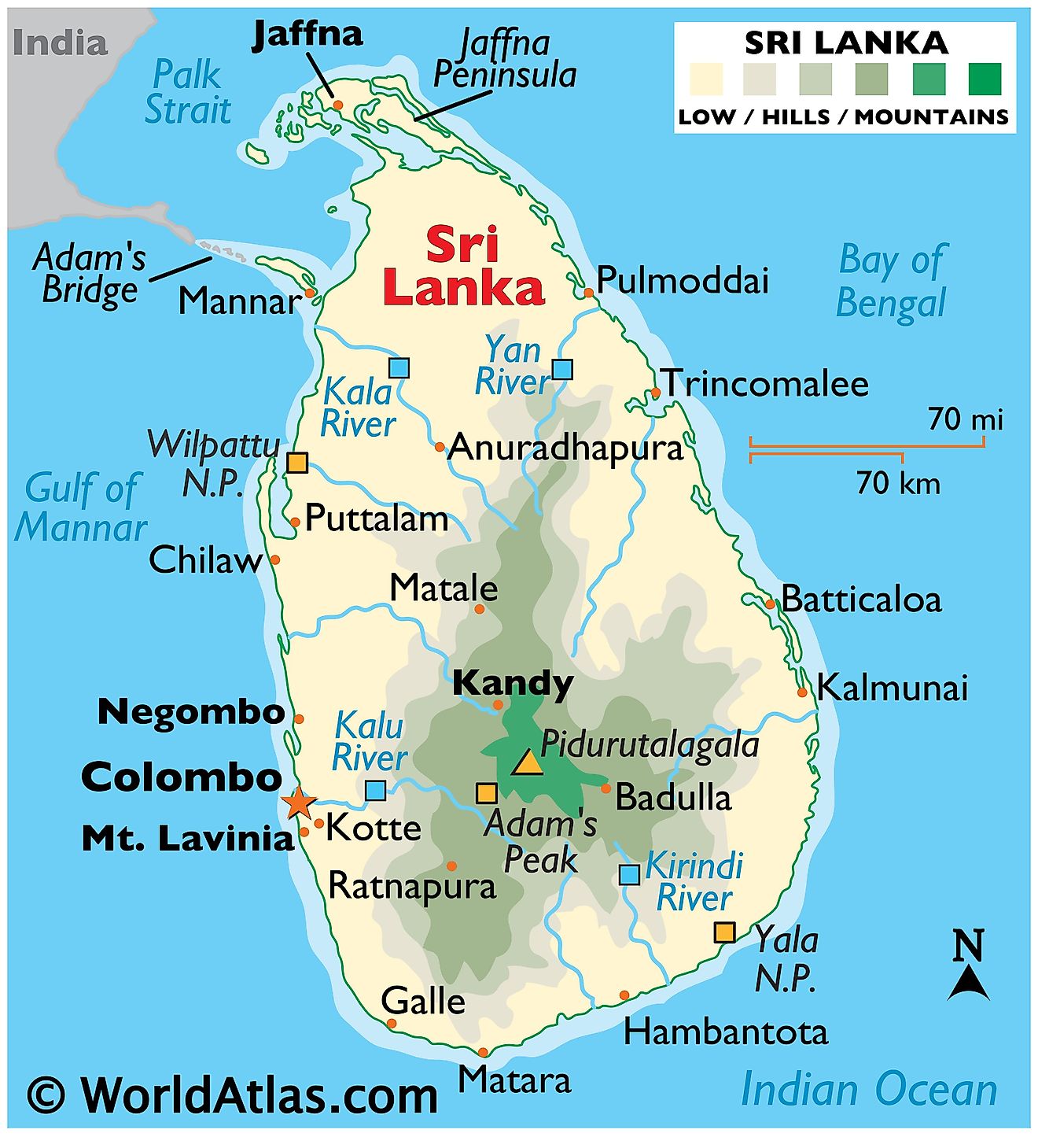 Physical Map of Sri Lanka showing state boundaries, relief, major rivers, highest point, important cities, national parks, and more.