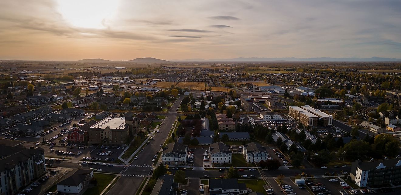 Aerial view of Rexburg, Idaho at sunset