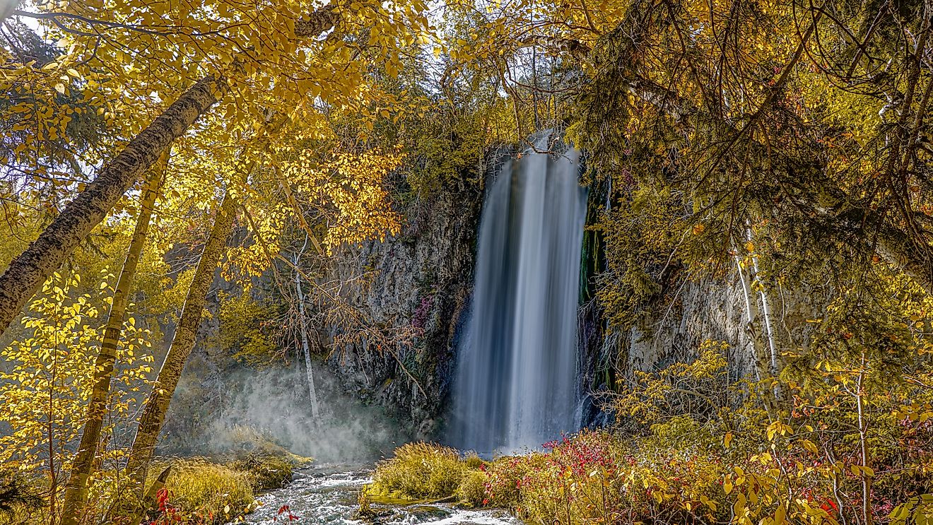 A waterfall in Spearfish Canyon during autumn in South Dakota.