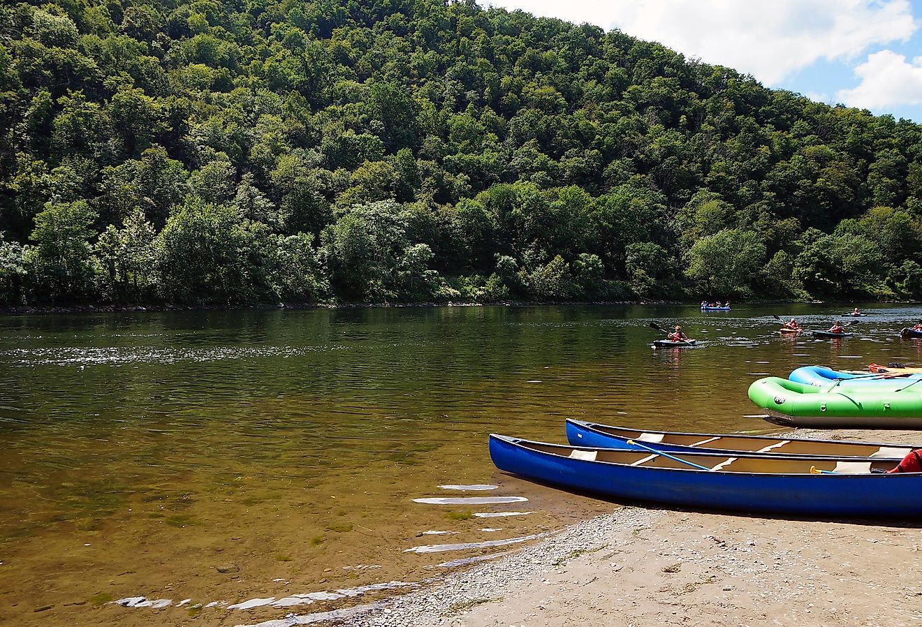 Kayakers in the Delaware River at the Delaware Water Gap in Pennsylvania.