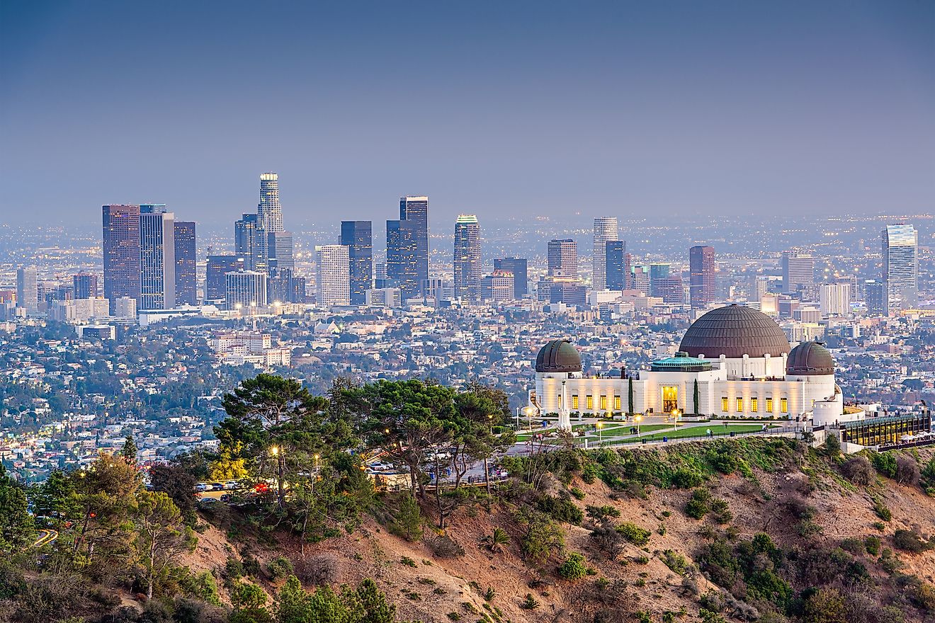 The Griffith Observatory with the Los Angeles skyline in the background.