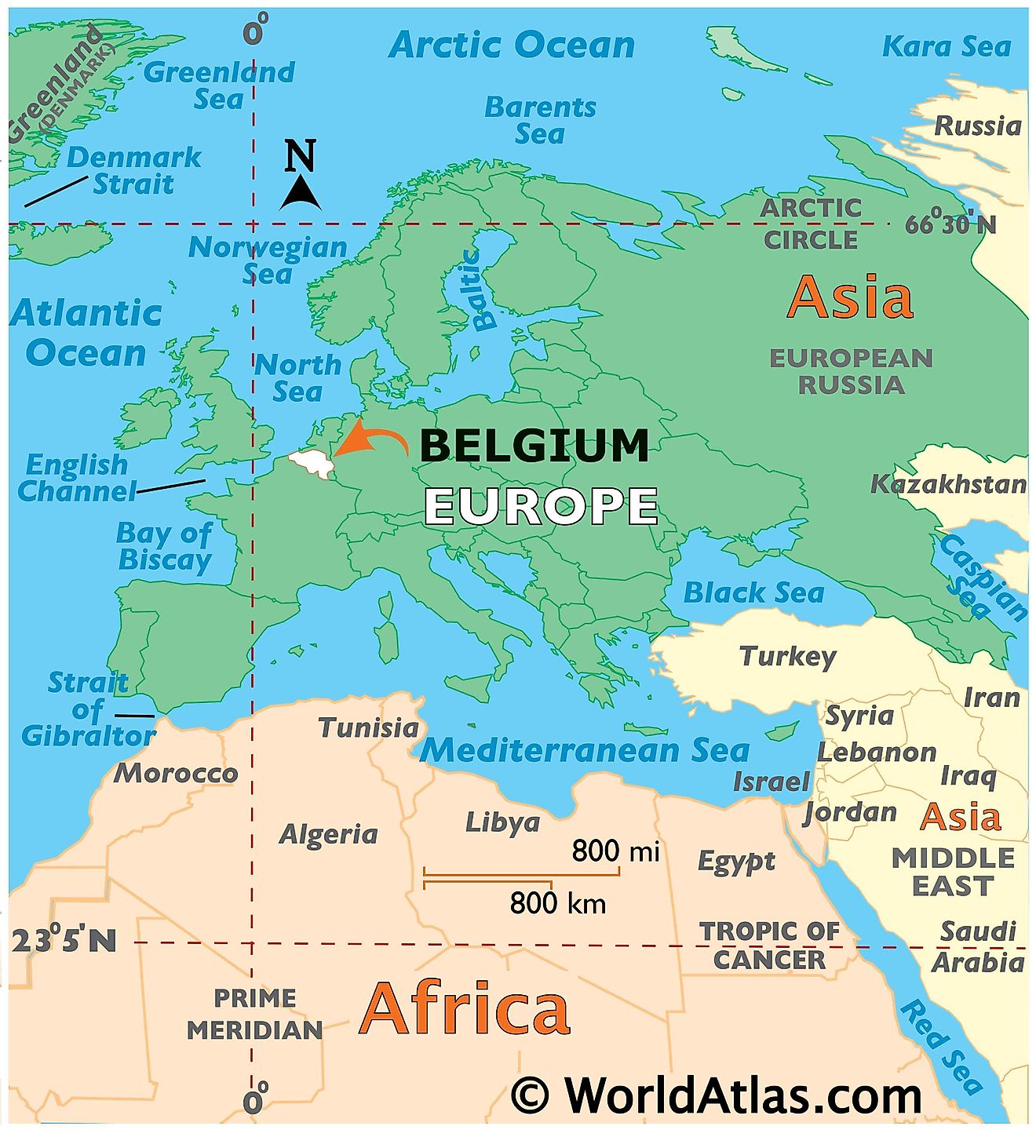 Map showing location of Belgium in the world.