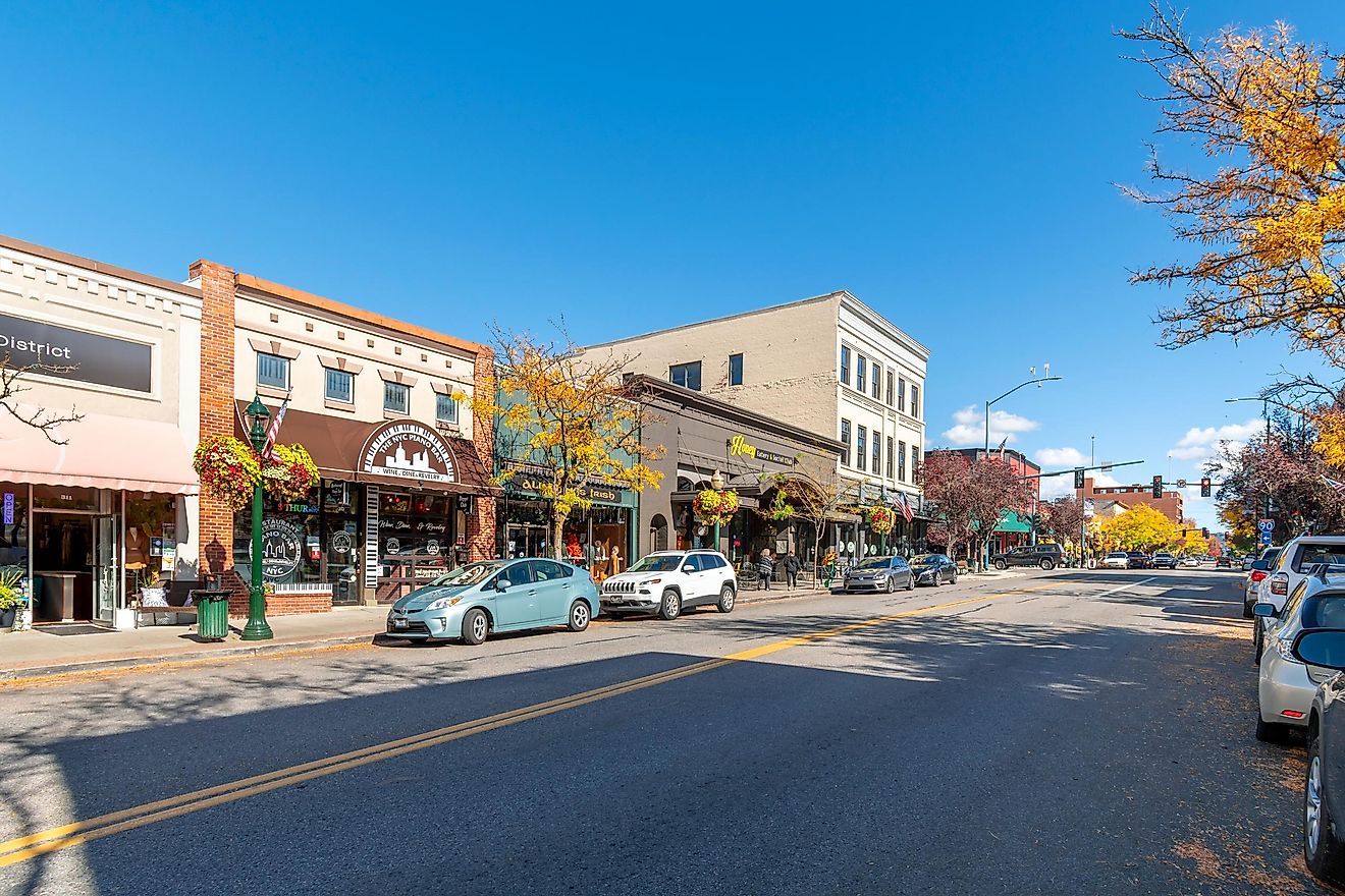 The main street Sherman Avenue near 4th street in the historic lakeside downtown of Coeur d'Alene, Idaho