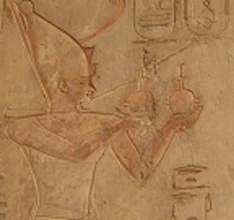 Psamtek I (first Pharaoh of the Late Period and 26th Dynasty) worshiping Ra-Horakhty (a deity merging the gods Ra and Horus).