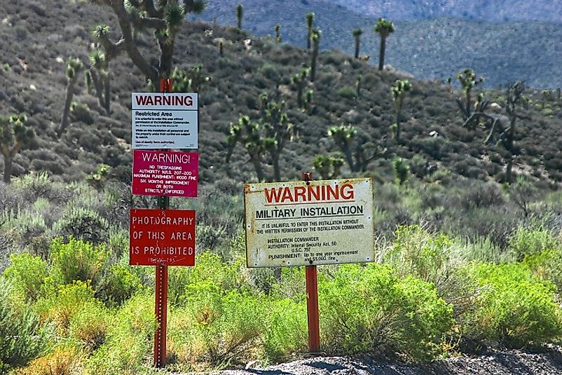 Warning signs along the outskirts of Area 51 in the southern portion of the U.S. state of Nevada.