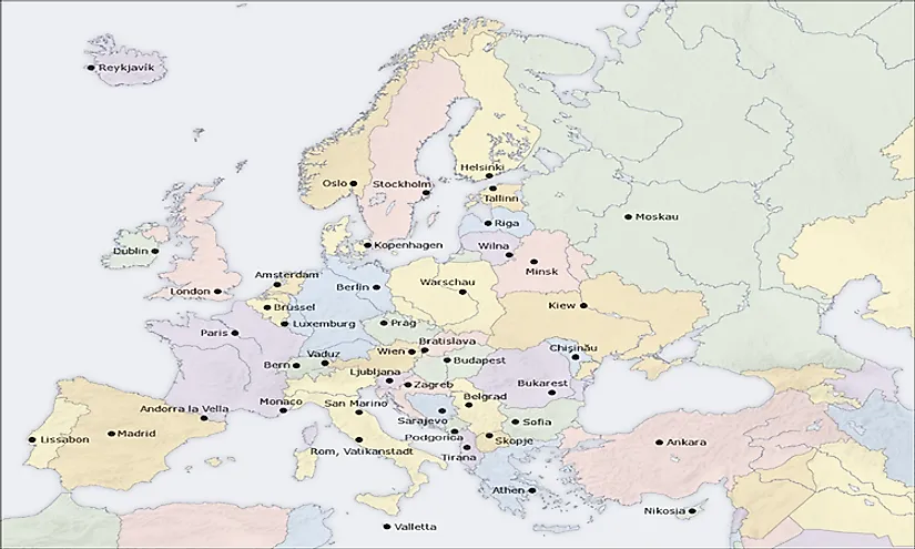 blank political map of europe with capitals