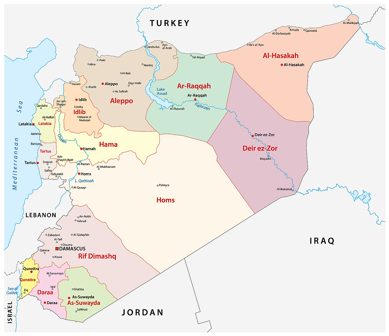 Political Map of Syria showing the 14 governorates, their capitals, and the national capital of Damascus.