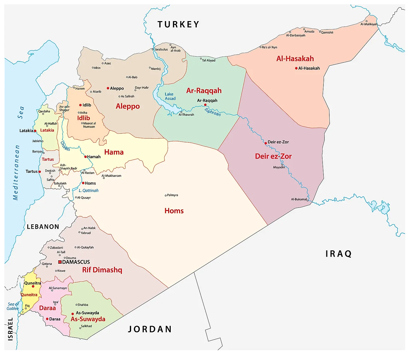 Political Map of Syria showing the 14 governorates, their capitals, and the national capital of Damascus.