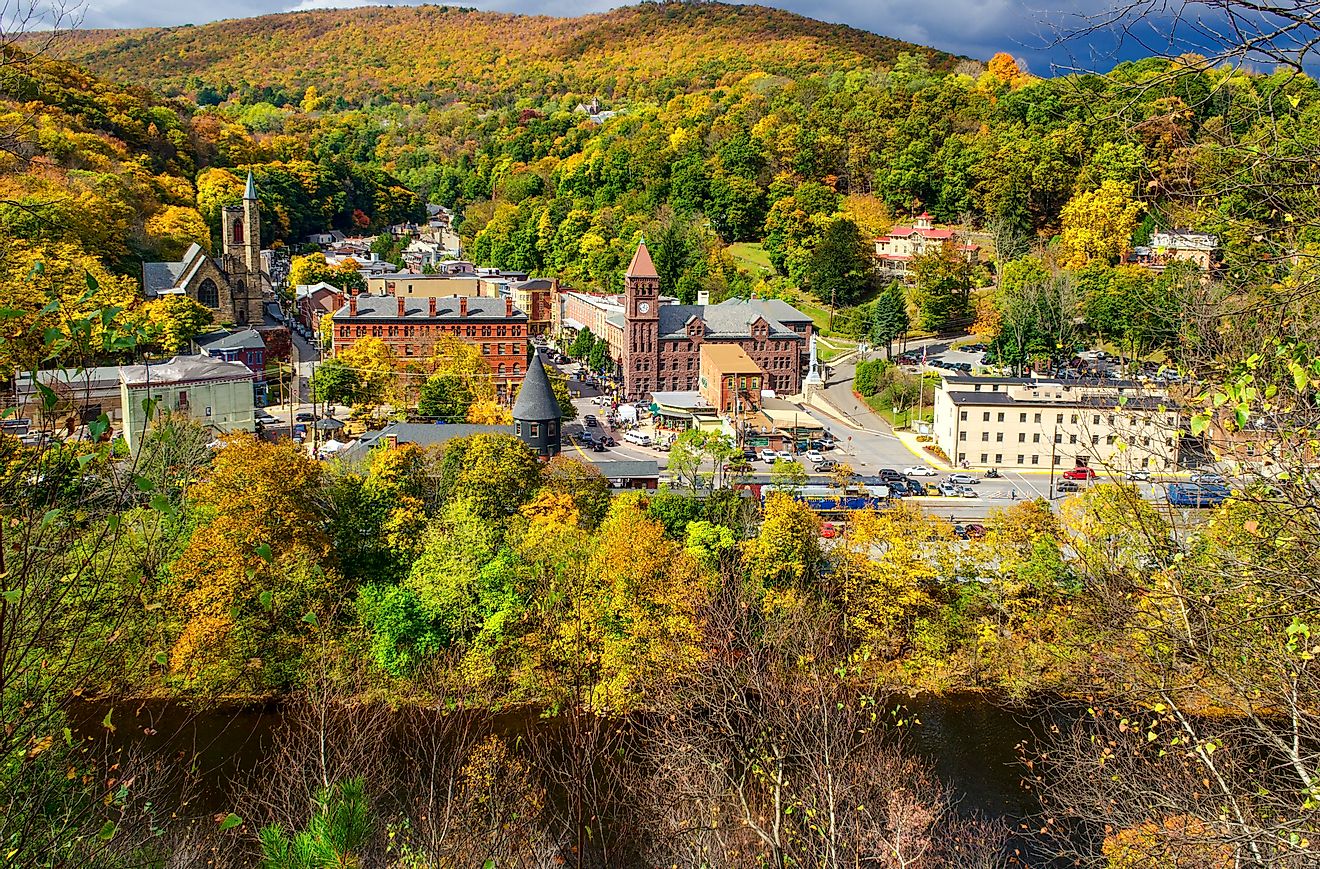 Aerial view of Jim Thorpe, Pennsylvania and surrounding forests.
