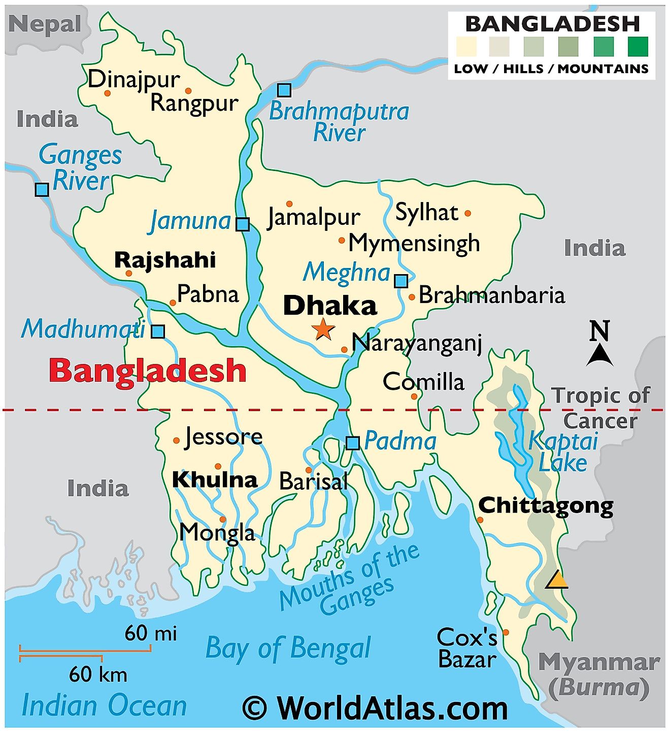 Mapa físico de Bangladesh que muestra las fronteras internacionales, el relieve, el punto más alto, las ciudades importantes, los principales ríos, lagos y más.