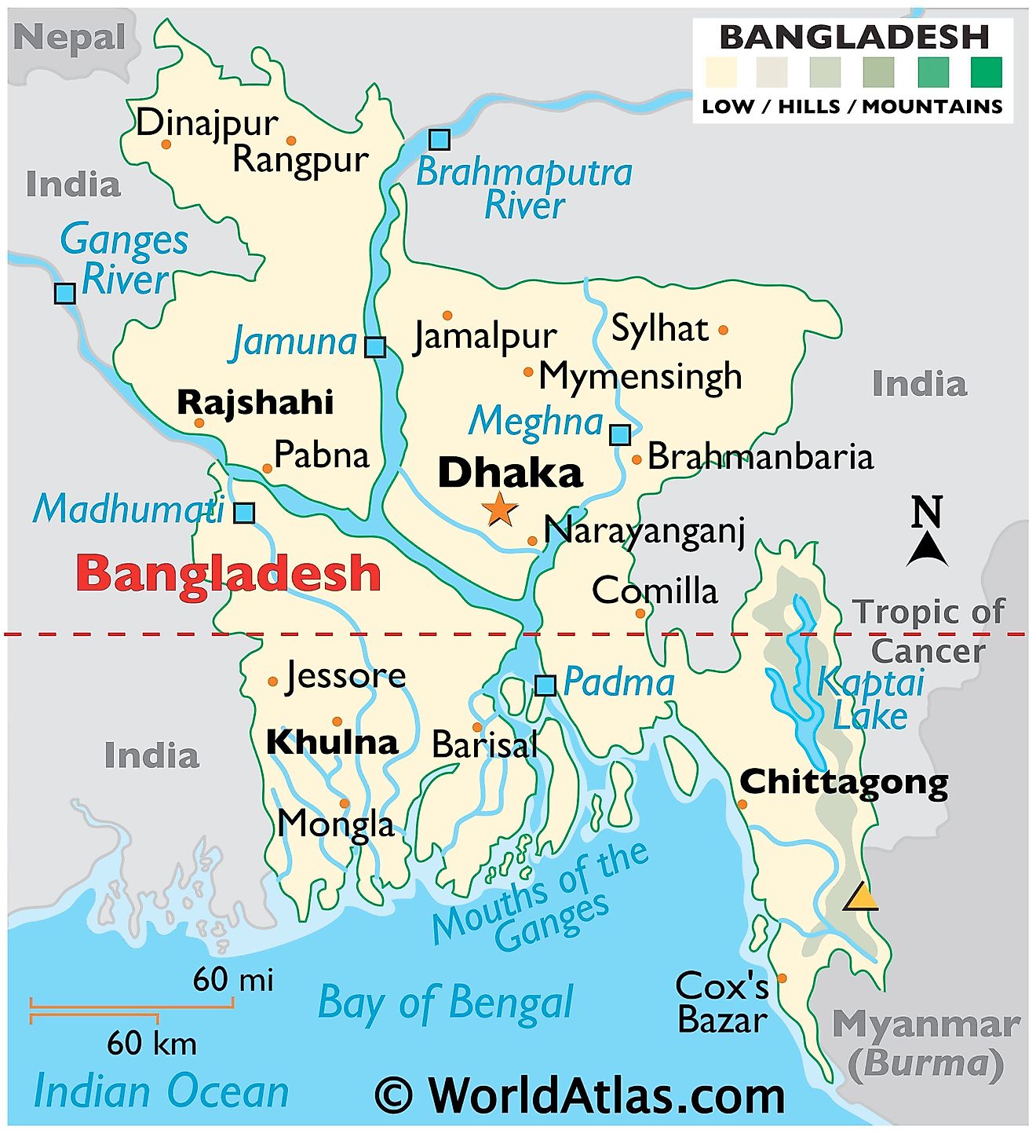 Mapa físico de Bangladesh que muestra las fronteras internacionales, el relieve, el punto más alto, las ciudades importantes, los principales ríos, lagos y más.