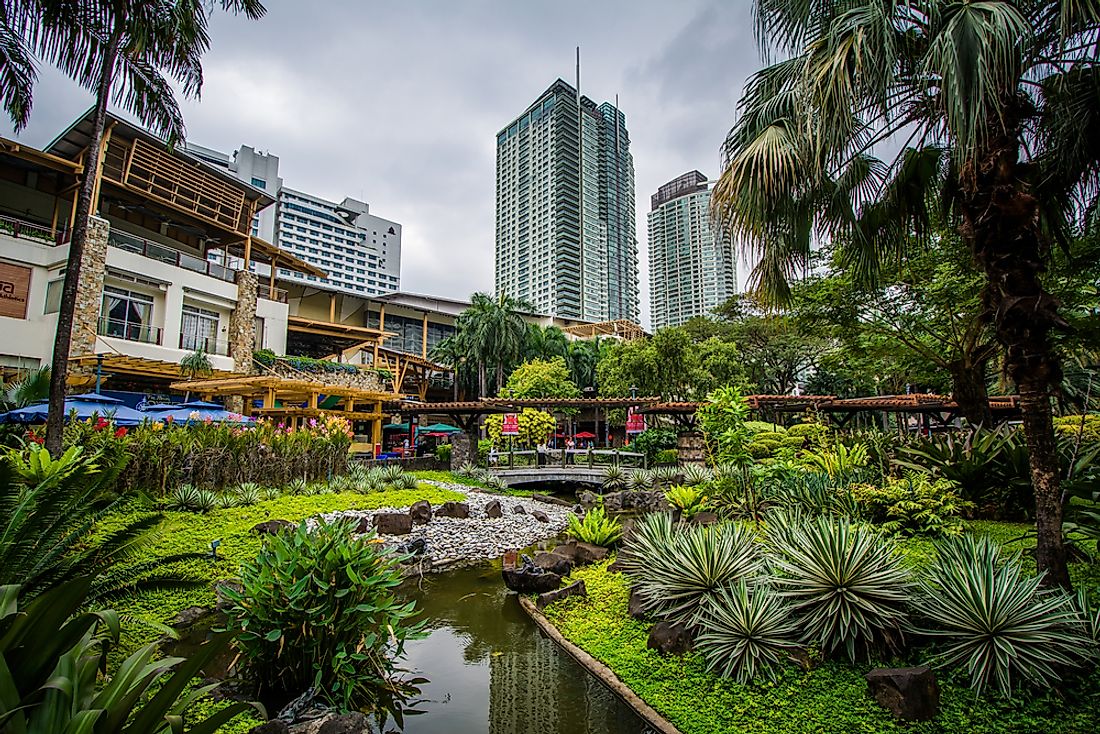 View of skyscrapers and gardens in Ayala, The Philippines.