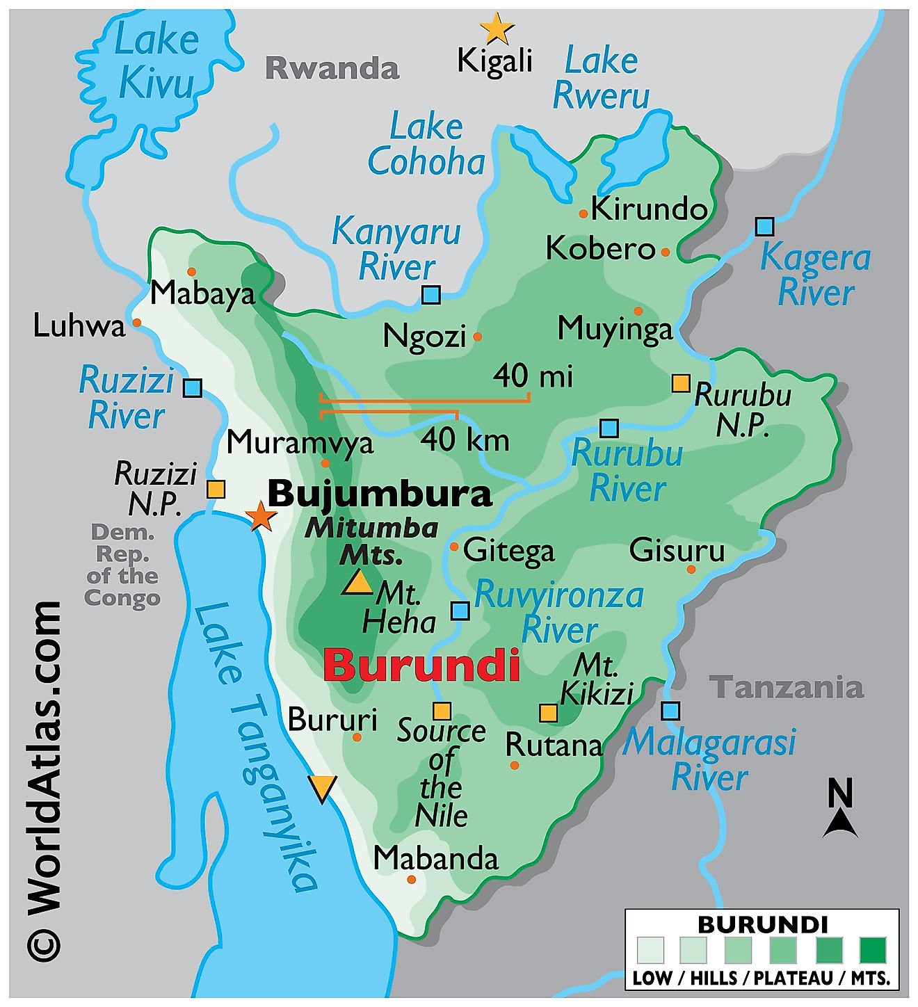 Physical Map of Burundi with state boundaries. Details the relief, physical features of the country, including mountain ranges, various bodies of water such as the Lake Tanganyika, major rivers, cities, extreme points, etc.