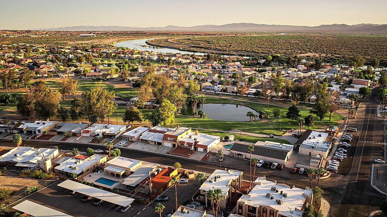 An aerial view of Bullhead City with the Colorado River flowing in the background.
