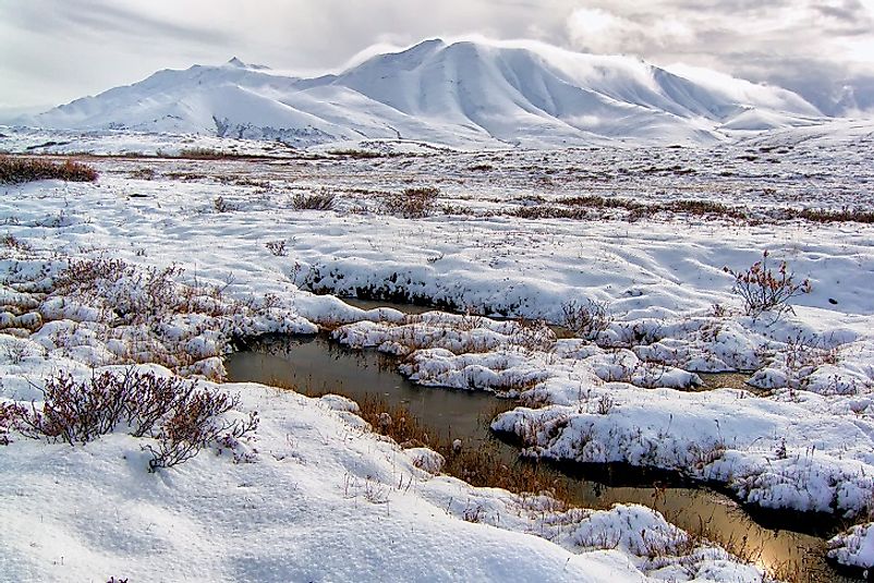 Mountainous tundra landscapes in the U.S. state of Alaska.