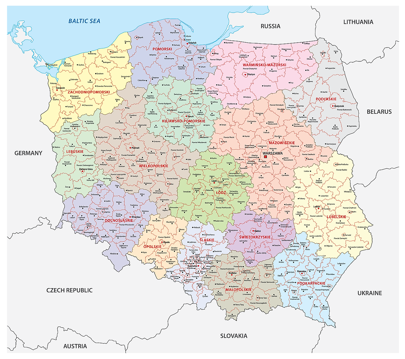 Political Map of Poland showing its 16 voivodeships and the capital city Warsaw.