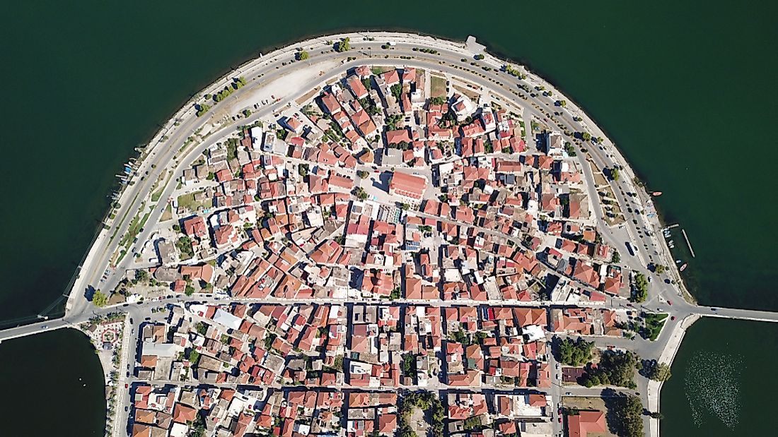 An aerial view of Aitoliko, Greece, pre-spider web. Photo credit: Shutterstock.com.