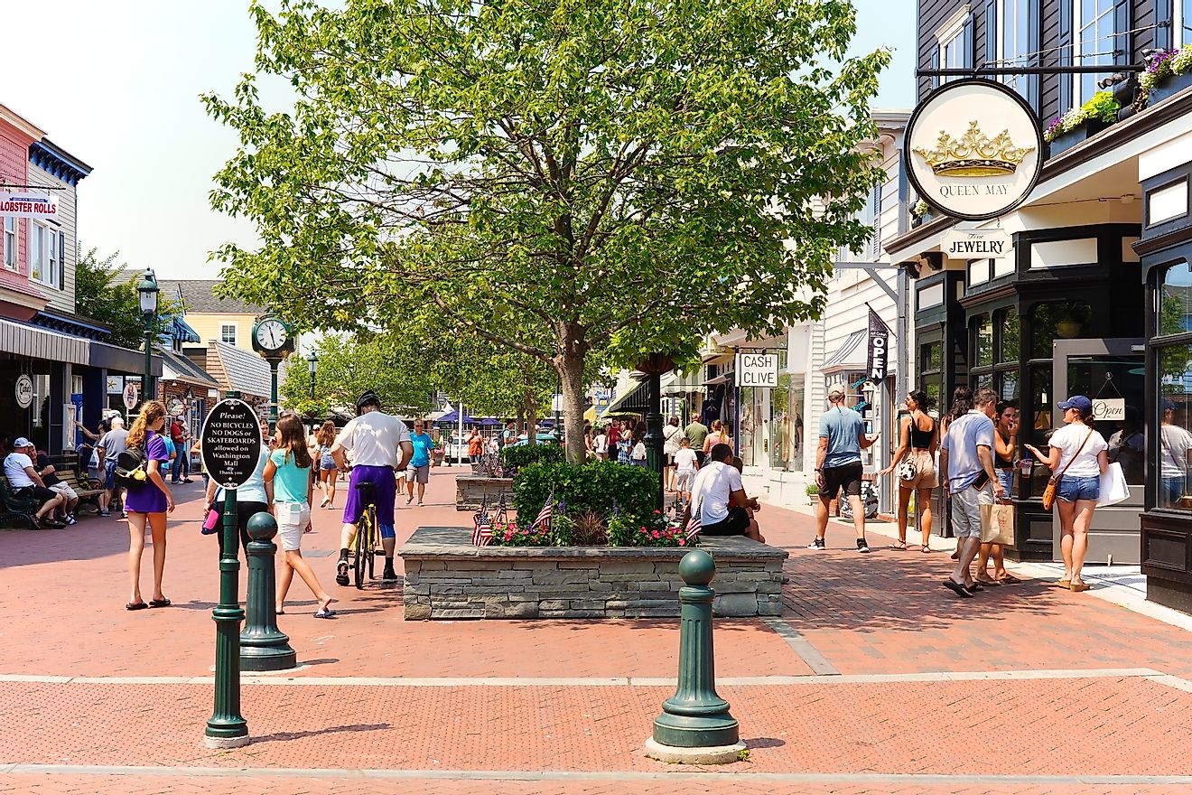 The vibrant Washington Street Mall in Cape May, NJ, lined with shops and restaurants, featuring iconic Victorian-era design. Editorial credit: George Wirt / Shutterstock.com