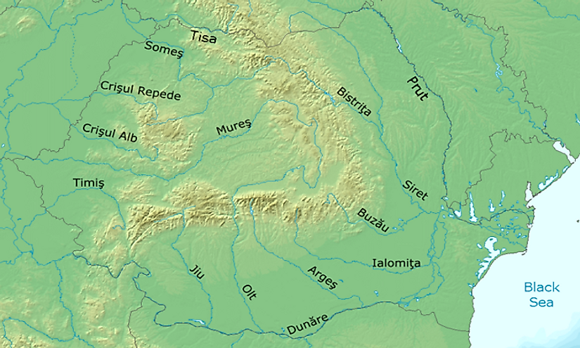 A map exhibiting the major rivers flowing through Romania.