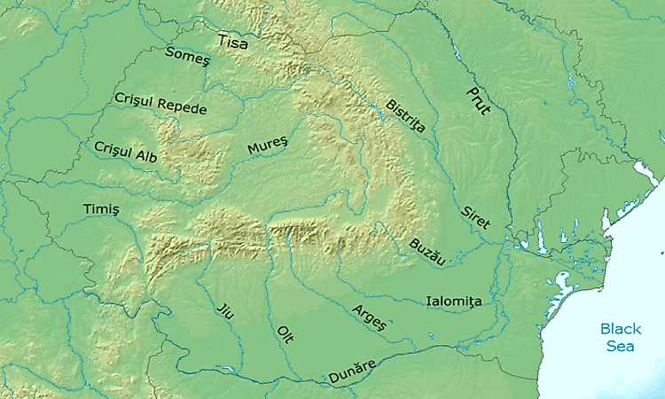 A map exhibiting the major rivers flowing through Romania.