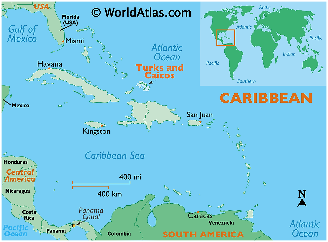 Mapa que muestra la ubicación de Turks y Caicos en el mundo.