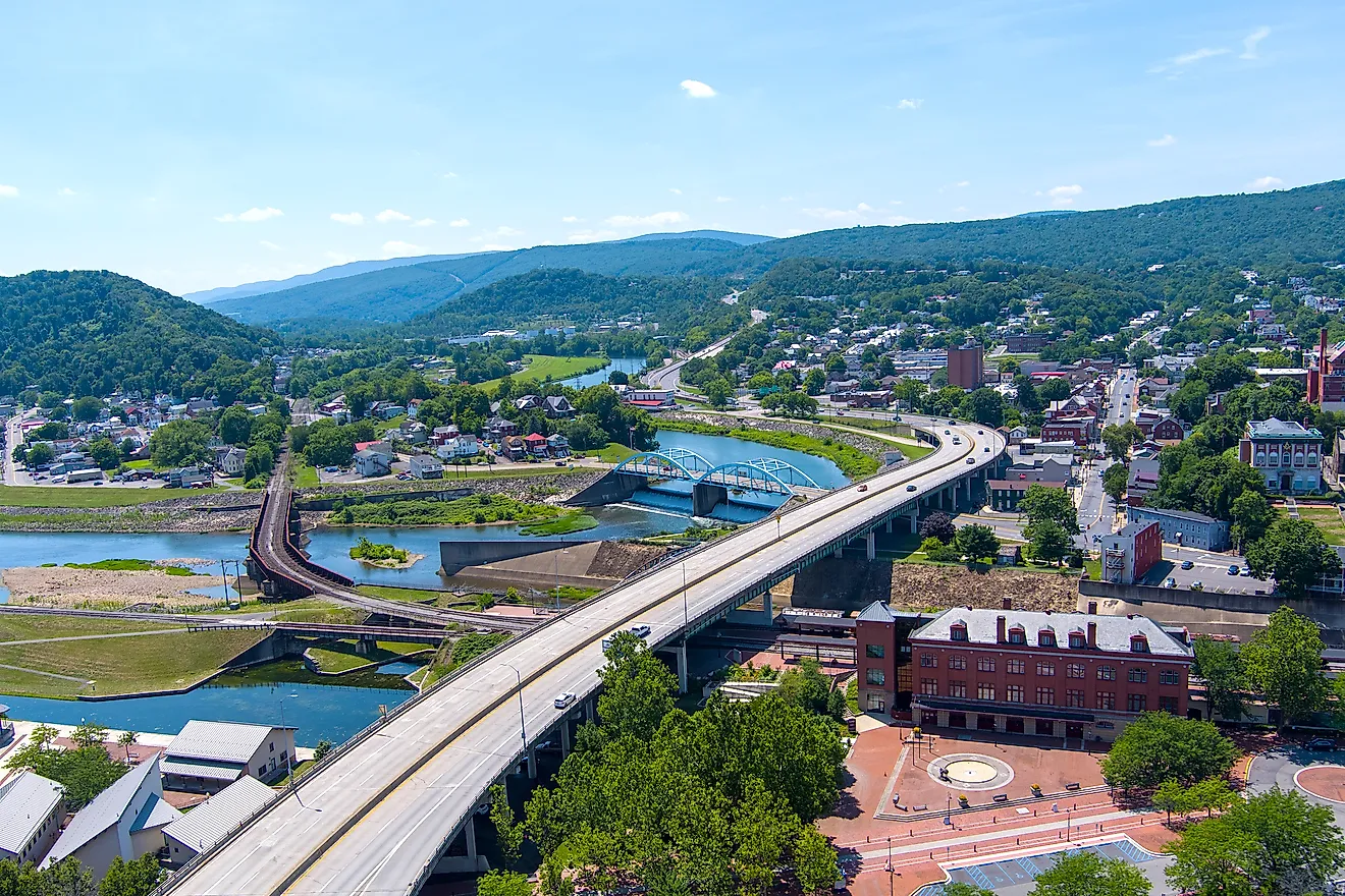 Aerial view of Cumberland, Maryland, an end point along the Mountain to Mountain Scenic Byway. 