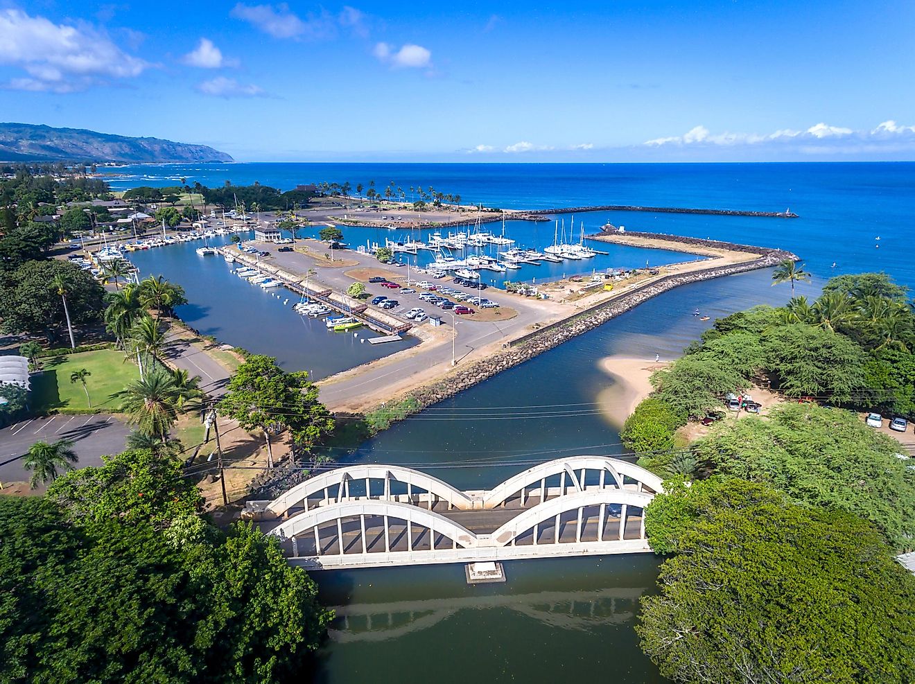 Aerial view of Anahulu Bridge and stream in Hale'iwa town Hawaii