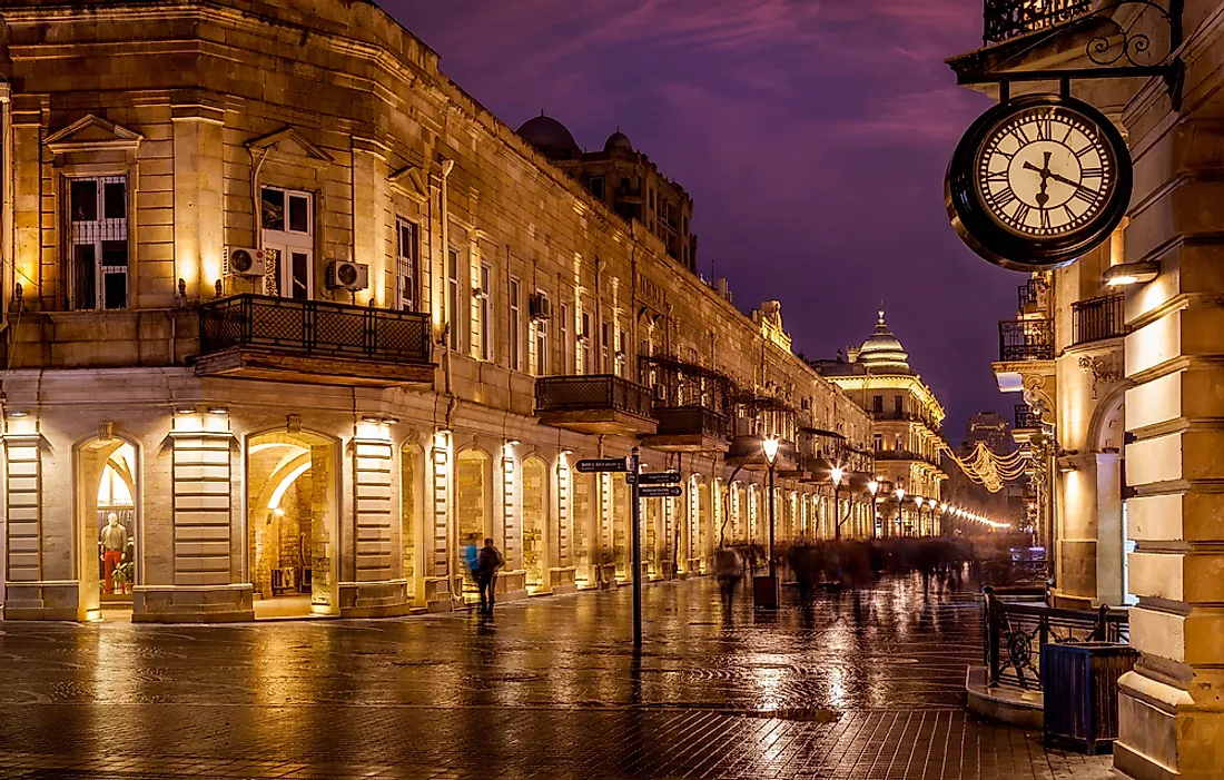 Nighttime view of Baku, the capital city of Azerbaijan.