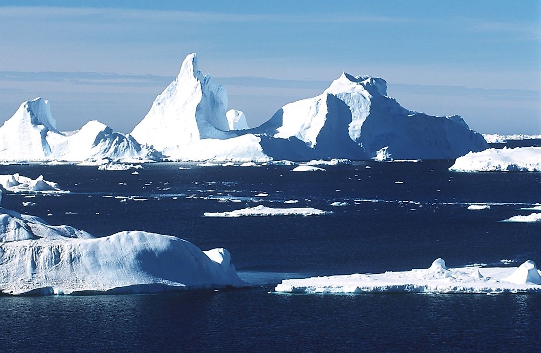 Icebergs in the Antarctic peninsula. Increased icebergs pose a challenge to maritime traffic.